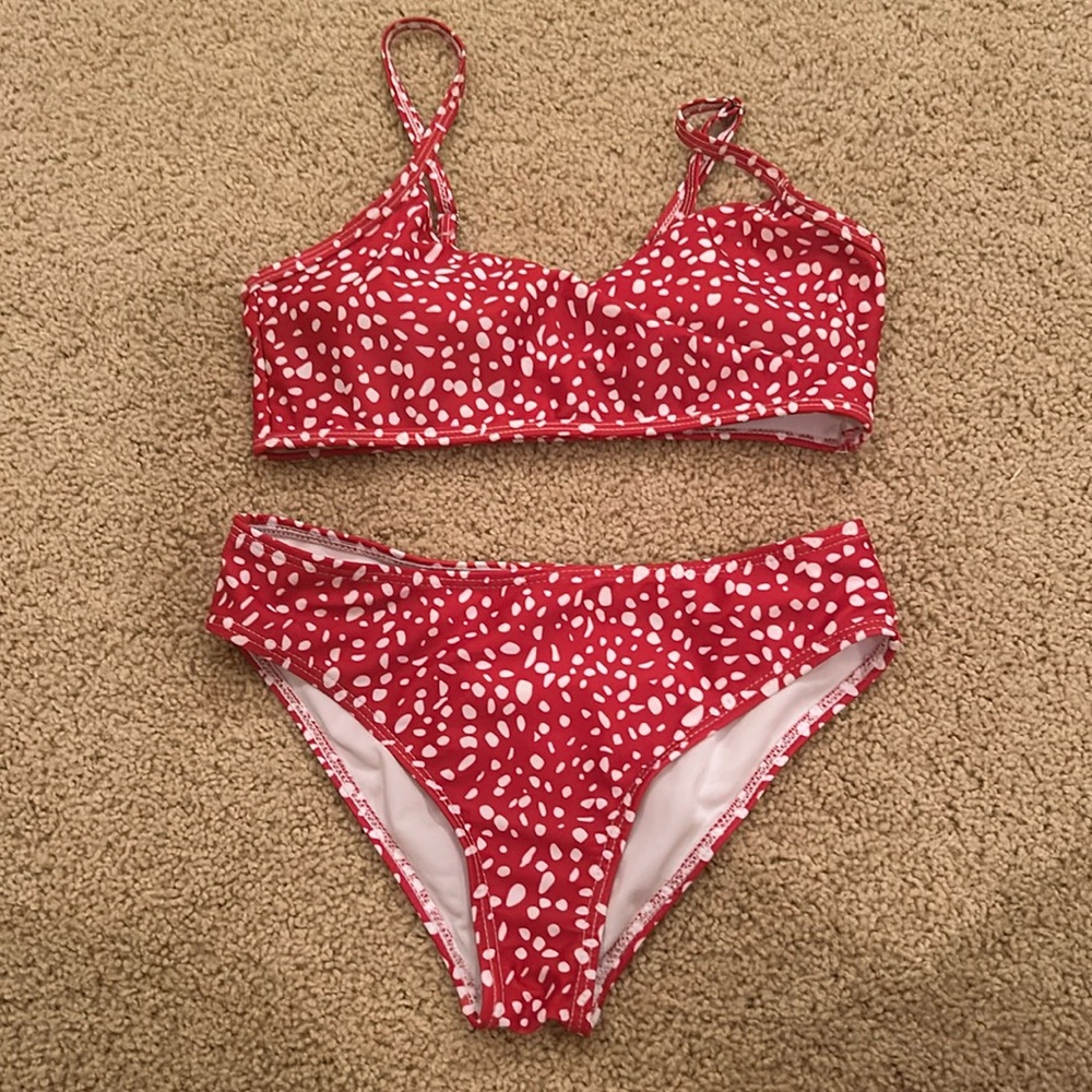 SHEIN girls red dalmatian bikini in girls size 150.